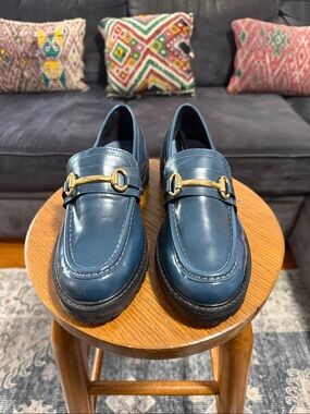 Steve Madden Navy Leather Loafers with Gold Horsebit